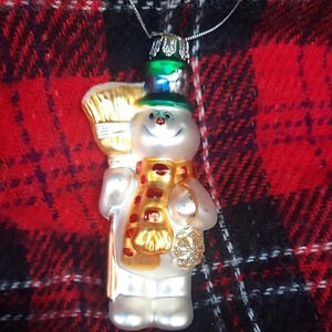 Vintage Handmade Blown Glass Frosty the Snowman with Broom Christmas Ornament